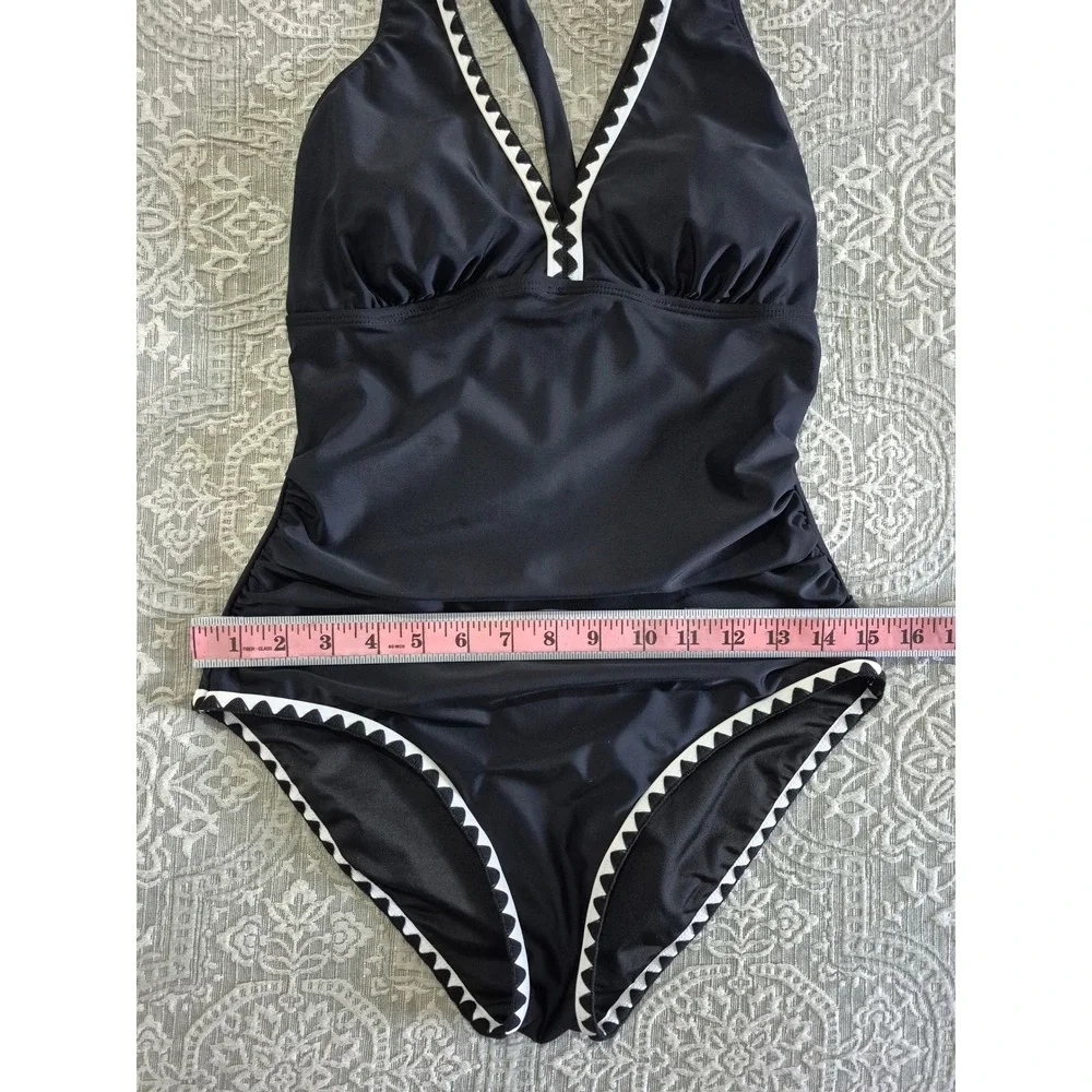 B2PRITY Womens One Piece Swimsuit Black Ric Rac Trim Ruched V-Neck Size M NWT - Picture 5 of 10